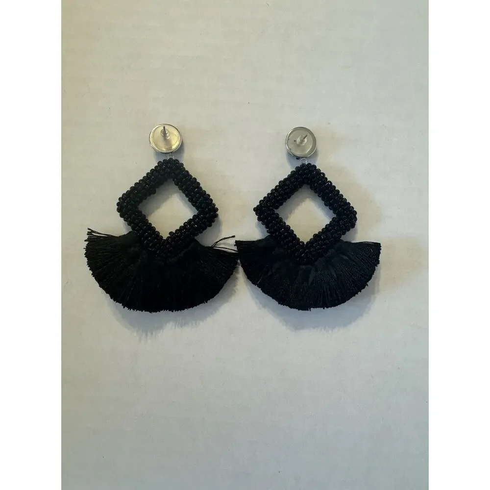 Black Chunky Dangle Jeweled Tassel Earrings